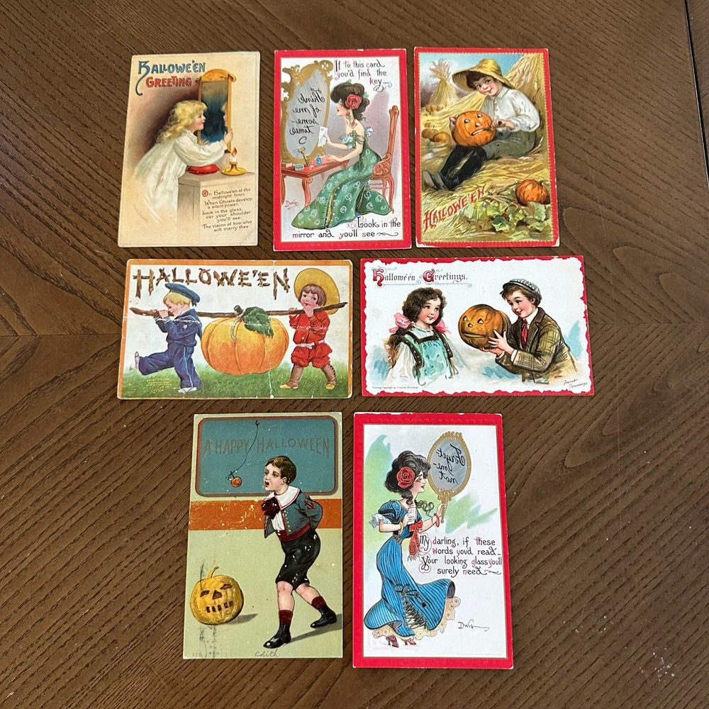 Vintage Halloween Postcard Lot of 7 Antique Tuck Germany Embossed Victorian Kids